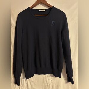 Navy Versace collection men’s crew neck pullover embroidered Medusa head logo.